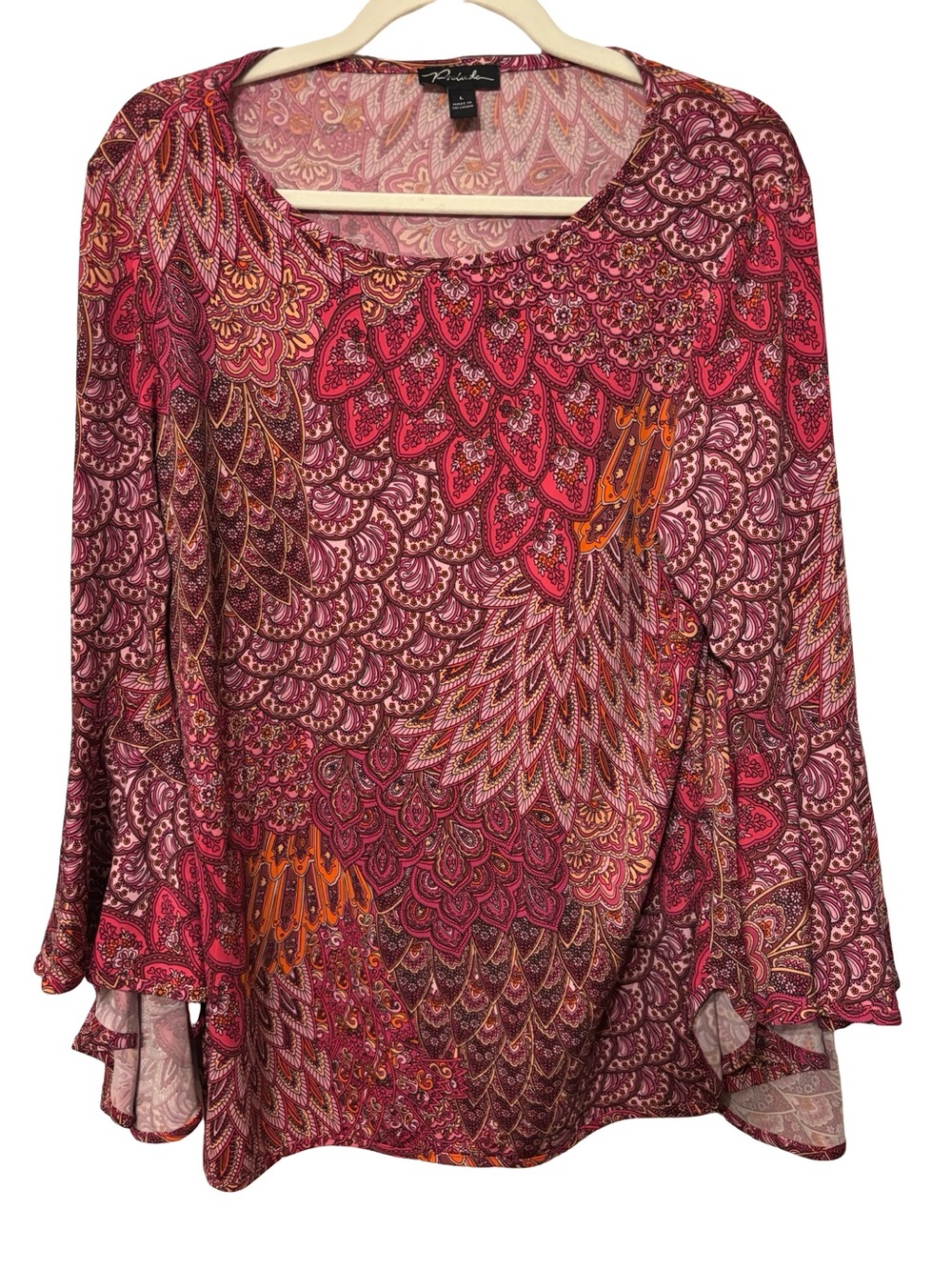 Prelude Women's Burgundy/Pink Long-Sleeve Paisley Scoop Neck Top Bell Sleeves L